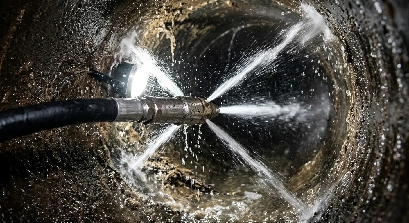 High-pressure hydro jetting nozzle cleaning sewer pipe for Trenchless Sewer Repair in Swarthmore