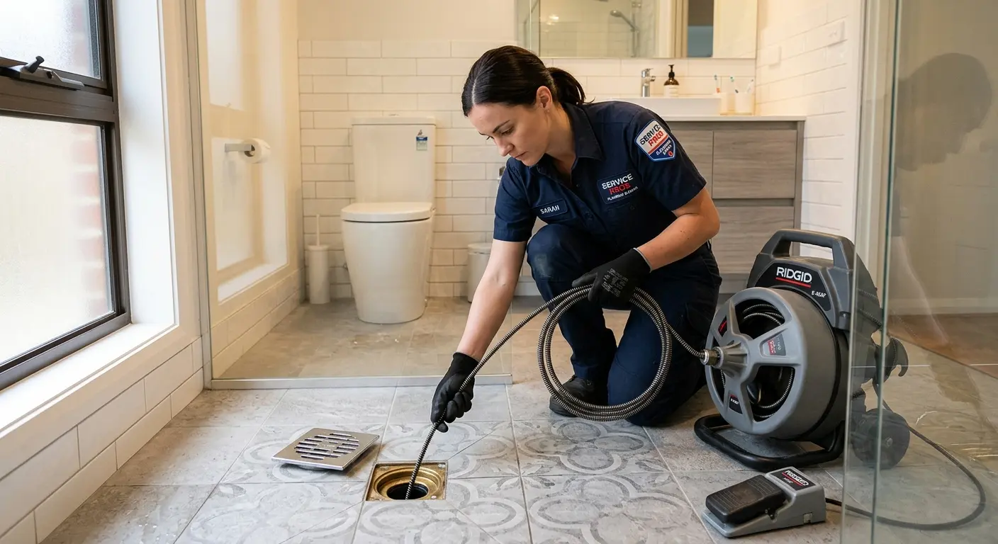 Technician clearing a bathroom floor drain for Sewer Line Replacement in Swarthmore